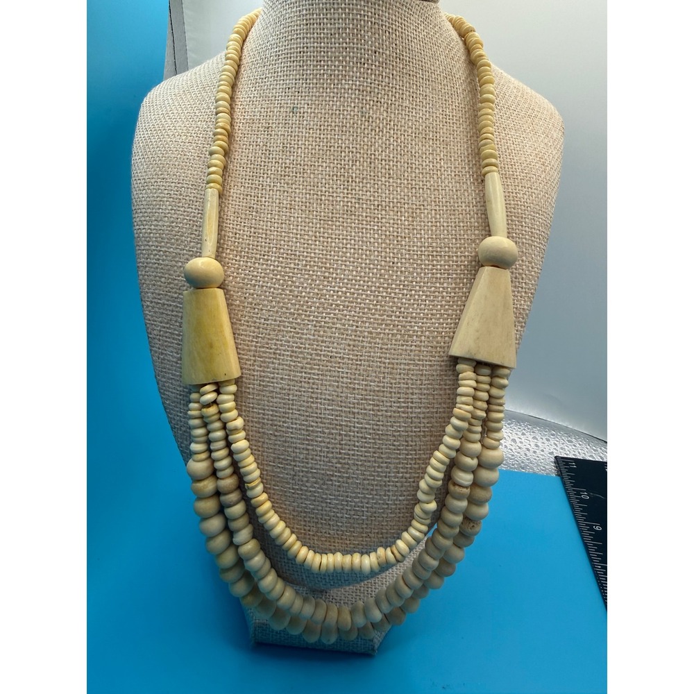 Vintage Cream Multi Strand Beaded Statement Necklace Boho Neutral 24 Inch